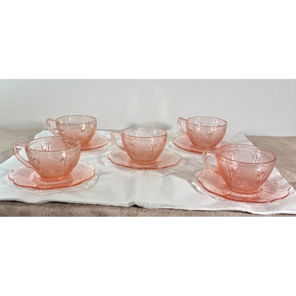 Jeannette Pink Cherry Blossom Depression Glass Cups Saucers 10 Pc Set VTG